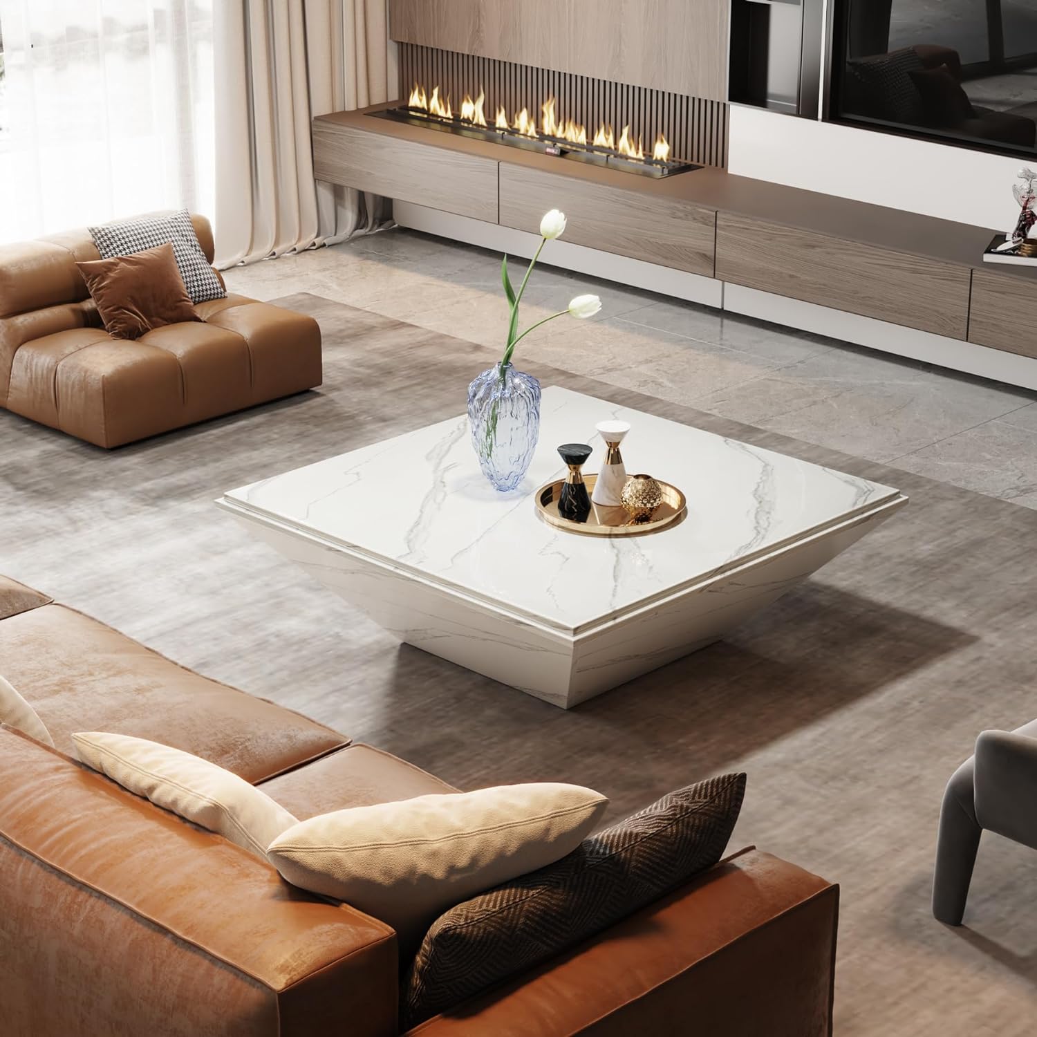 Modern Coffee Table, 35.43" Center Table with Faux Marble Top Tribesigns